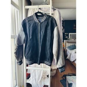 Vintage Suede Bomber Varsity Leather Jacket Mens Large 2 Tone Black Grey